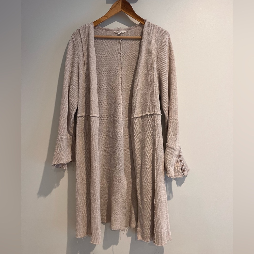 Beige Tan Taupe Long Cardigan Sweater XL Linda Anderson Boho Distressed Lace